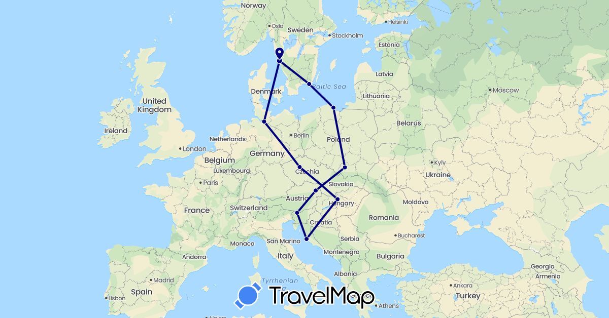 TravelMap itinerary: driving in Austria, Czech Republic, Germany, Croatia, Hungary, Poland, Sweden, Slovenia (Europe)